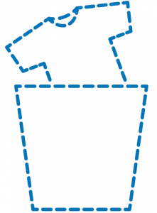 The outline of a t-shirt, coming out of a large deep bowl, at an angle to the left.