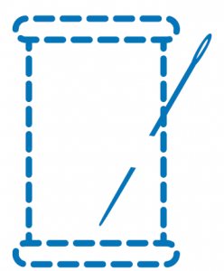 Outline image of a cotton reel in blue ink, with a needle sticking out at an angle to the right. 