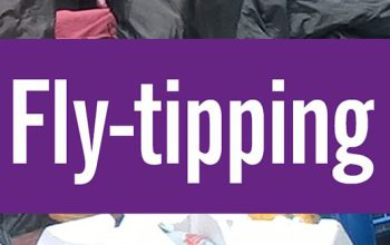 Banner saying Fly-tipping is a crime, across an image of fly-tipped waste.