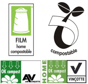 An example of the different symbols used to identify home compostable plastics including; the seedling logo and the OK compost logo.