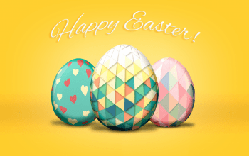 Image of three easter eggs wrapped in decorative foil, with the words "Happy Easter" above them.
