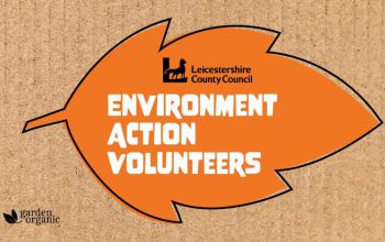Text reading "Leicestershire County Council Environment Action Volunteers" overlayed onto an image of an orange leaf.