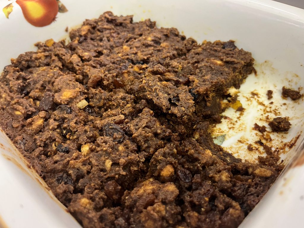 Bread pudding in a ceramic dish