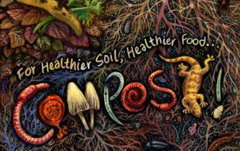 A hand drawn poster that says for healthier soil, healthier food... compost! The letters of the writing are formed by insects and creatures typically found in compost and soil, such as earth worms, fungi and beetles.