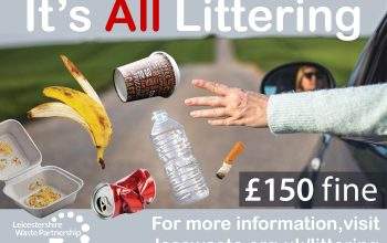 A lady discarding items of litter, including a banana peel, a cigarette butt, an empty water bottle, an empty drinks can, and a polystyrene food container, from a moving vehicle. The image is captioned "it's all littering, £150 fine. For more information visit lesswaste.org.uk/littering".