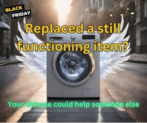 A washing machine on a pavement with angel wings. Text on the image reads, "Black Friday. Replaced a still functioning item? Your old one could help someone else."