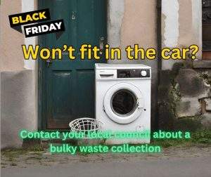 A washing machine on the street outside a house with other rubbish. Text on the image reads " Wont fit in the Car? Contact your local council to arrange a bulky collection".