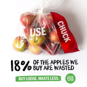 An image of a bag of apples, 18% of the apples we buy will be wasted and the rest used.