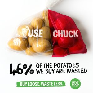 An image of a bag of potatoes, 46% of the potatoes we buy will be wasted and the rest used.