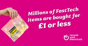Millions of Fast tech items are bought for £1 or less. Recycle Your Electricals. Image shows a clear plastic bag containing electrical items.