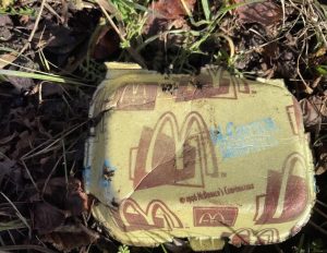 Vintage polystyrene packaging (dating to 1996) that has been littered on a public highway, but which has not degraded.