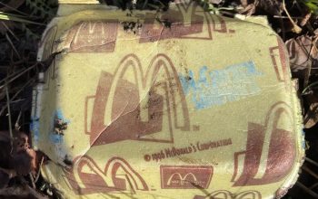 Polystyrene food packaging from 1996 that has been littered on a public highway.