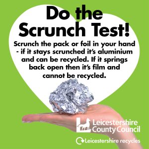 White heart with black text inside explaining how to do the scrunch test. Green background with Leicestershire County Council logo.