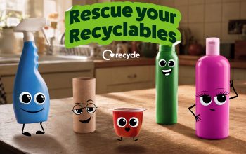 Rescue your recyclables with image of 5 characters from the Rescue Me, Recycle theme (toilet tube, yoghurt pot, triggers spray, aerosol deodorant and a shampoo bottle.