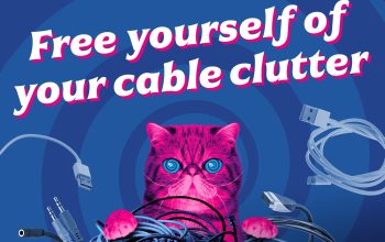 Hypno cat, the Recycle your electricalscampaign mascot sits atop a pile of electrical cables. Text above reads "Humans of the UK, free yourself of your cable clutter".